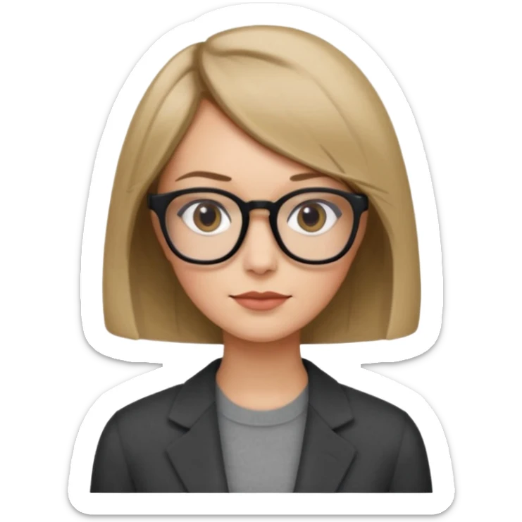 woman dark blonde petite bob haircut wears dark squarish glasses, classic clothes sticker