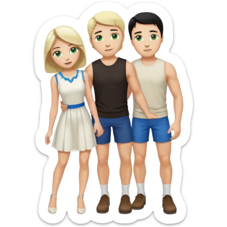 prince, black hair, blue eyes, garment,  woman, blonde Hair, green eyes, bending knee, sleveless white dress, sticker