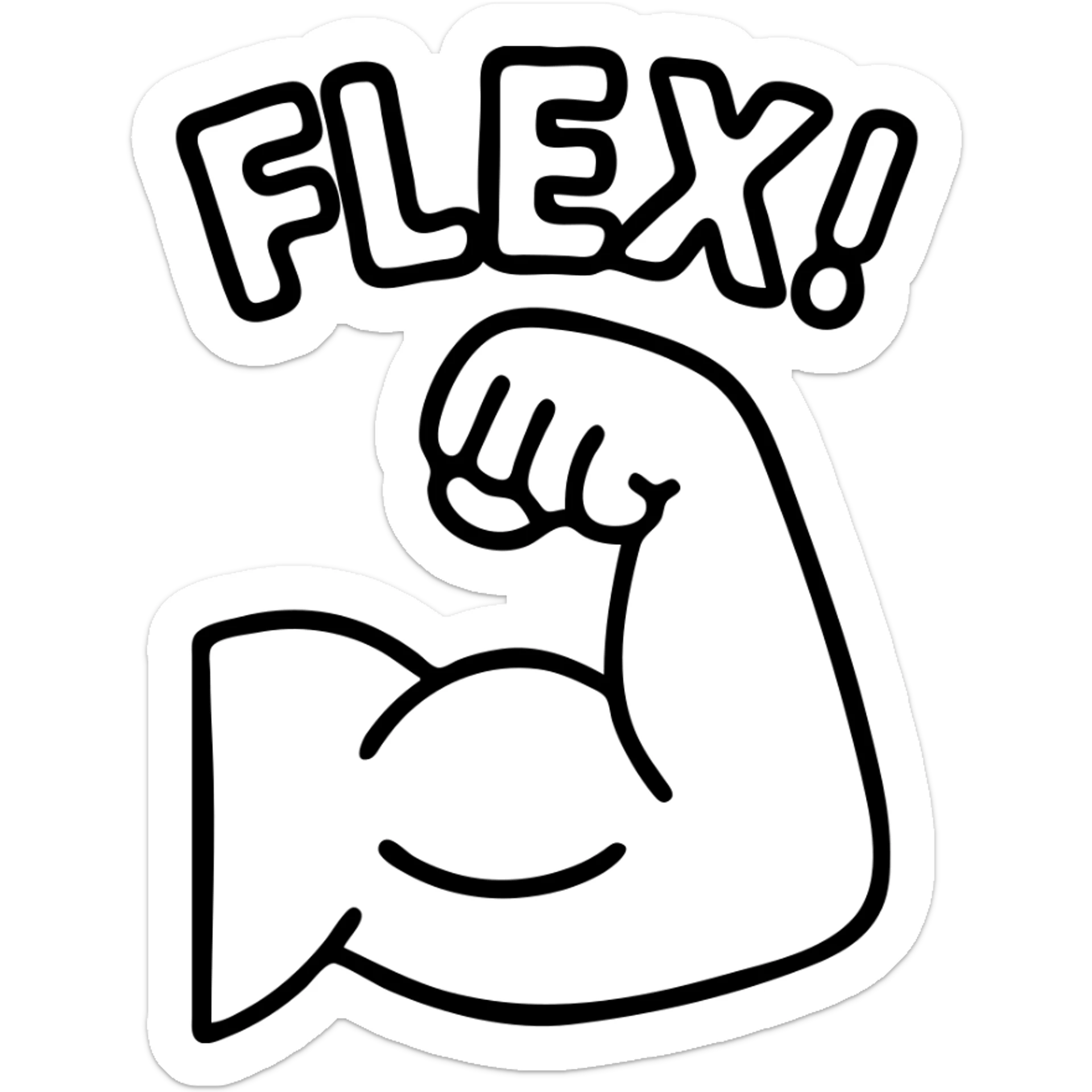 bold cartoon emoji of a flexed arm muscle, ‘FLEX!’ in big, fun letters above, thick outlines, minimal colors, optimized for small size and chat reactions sticker