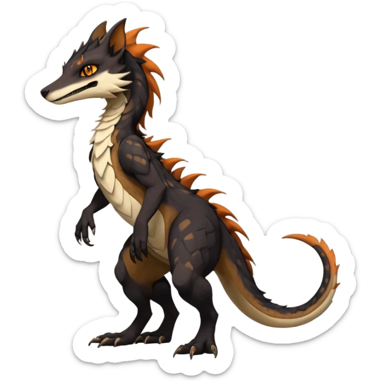 Brown and beige badass elegant wild beautiful natural cute badass epic exotic anthro modern furry 2-legged sergal-vernid-Salandit-creature, full body, dark-brown-black-gradient pretty hair, with a long tufted tail, beautiful hazel-orange eyes, aesthetic, art by LiLaiRa, art by art by Falvie sticker