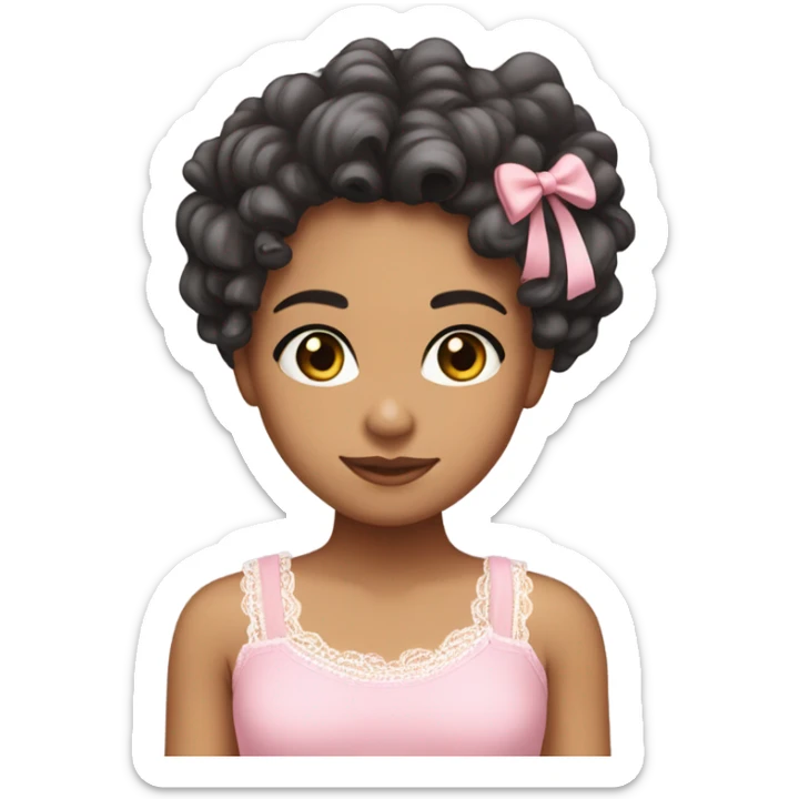 make a teenage girl emoji, mixed race, tan girl, dark grey almost black eye colour, long dark brown curls. Wearing a lace trim baby pink tank top with a small bow. One girl sticker
