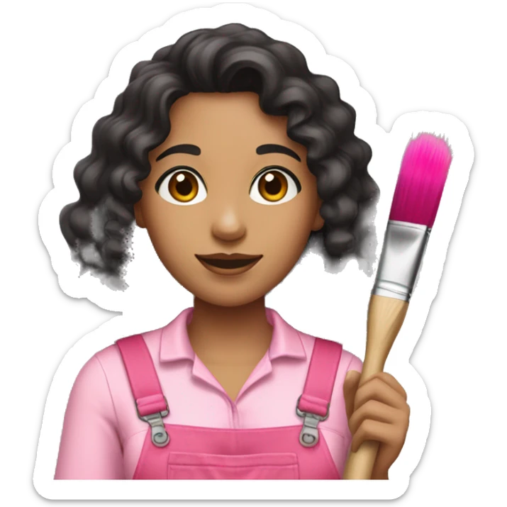 A woman with long black curly hair, brown eyes, wearing a pink overall and a paint brush with colorful paint sticker