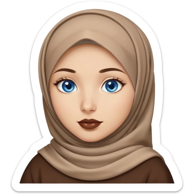 Turkish beautiful finish Konya girl blue eyes with brown beige hijab islamic dress and had on her hand brown color lipstick sticker