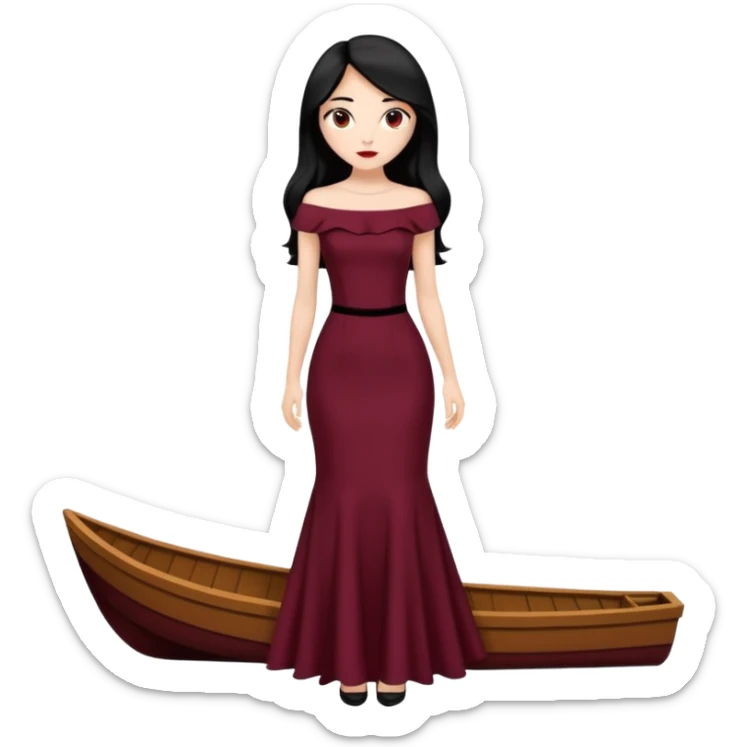 Chica blanca ,ojos marrones, vestido granate muy largo sexy escote tipo barco,  cuerpo entero pelo negro y largo zapatos negros tacon sticker