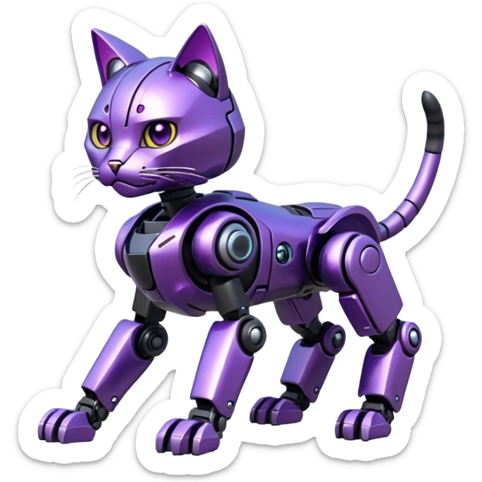 Black and purple futuristic shiny alloy modern realistic cool tough elegant sleek cyber-mecha-robo-cat (full body) sticker