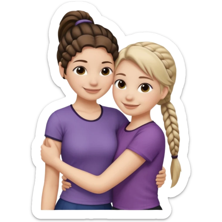 Comforting Hug two white skin women, one shorter woman with medium brown simple top ponytail, not braided, and one taller woman with a single long black side braid sticker