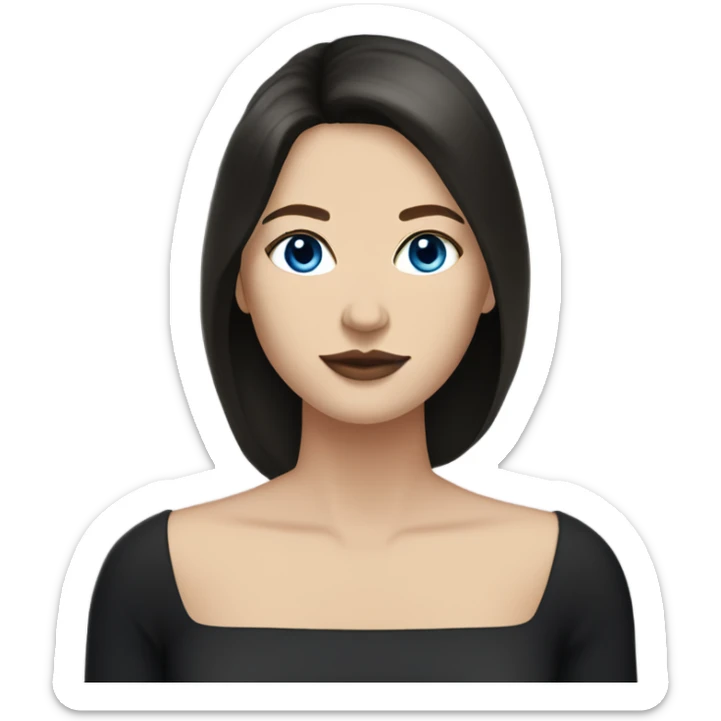 white woman, wearing a black dress and boots, stylish, with straight long mid hair, dark brown hair, blue eyes, round face, uni-lips. sticker