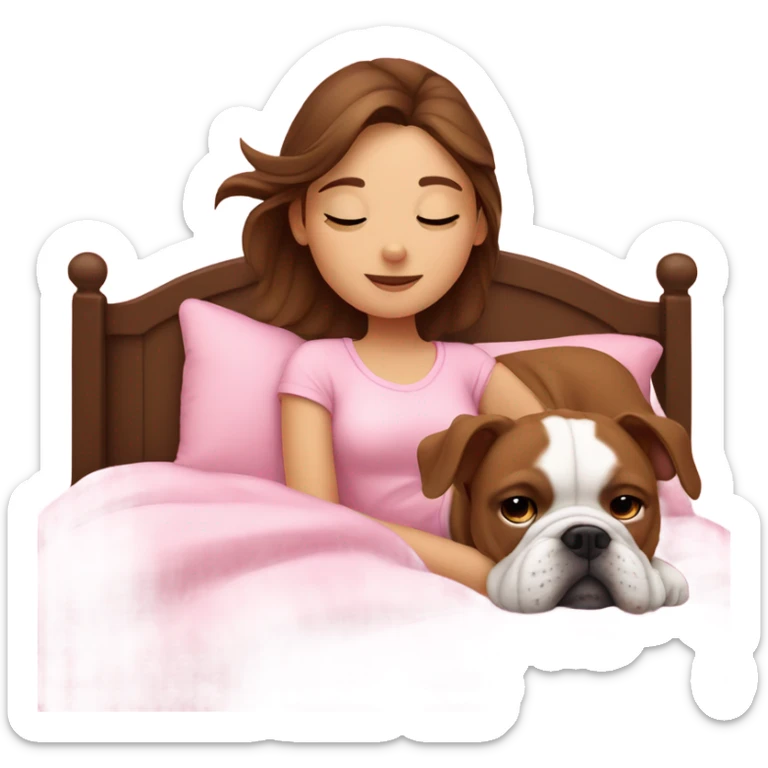  girl in pink bed with brown hair and sleeping bulldog sticker
