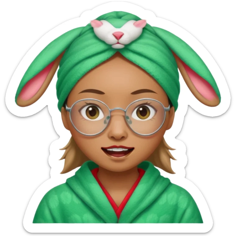 Asian woman who has a big rabbit front teeth wearing a green towel in her head with a broken glasses on her face in red pajamas sticker
