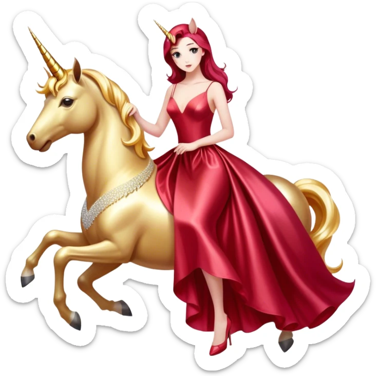 "woman, in long slim pastel red formal party satin dress with gradient shiny sparkling dark red", rides "unicorn gold and white" sticker