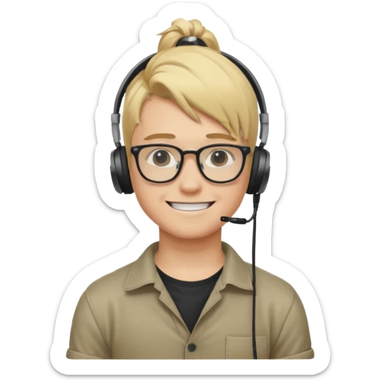 blond hair teen boy pony tail undercut with tattoo on his neck, wearing glasses, strong built, smile warmly with headphone sticker