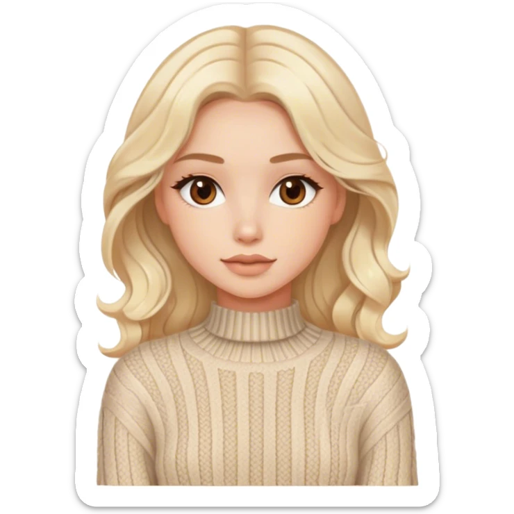 Luxury blonde model, brown eyes, sleek wavy beige-blonde hair, cozy cable knit sweater sticker