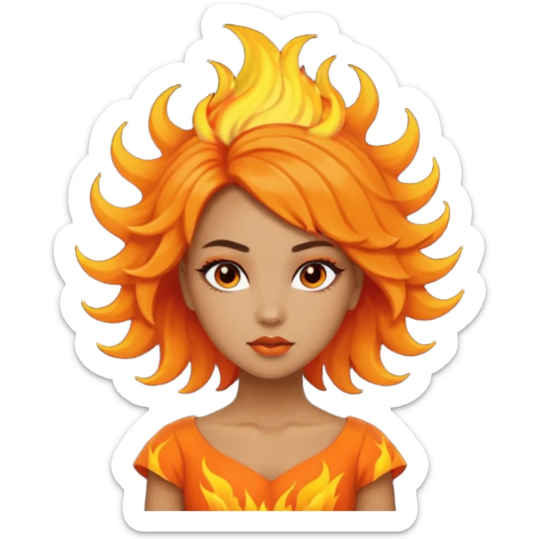 A girl tan skin face emoji with skin head hair styled, dramatic makeup and an orange flame-themed dress. sticker