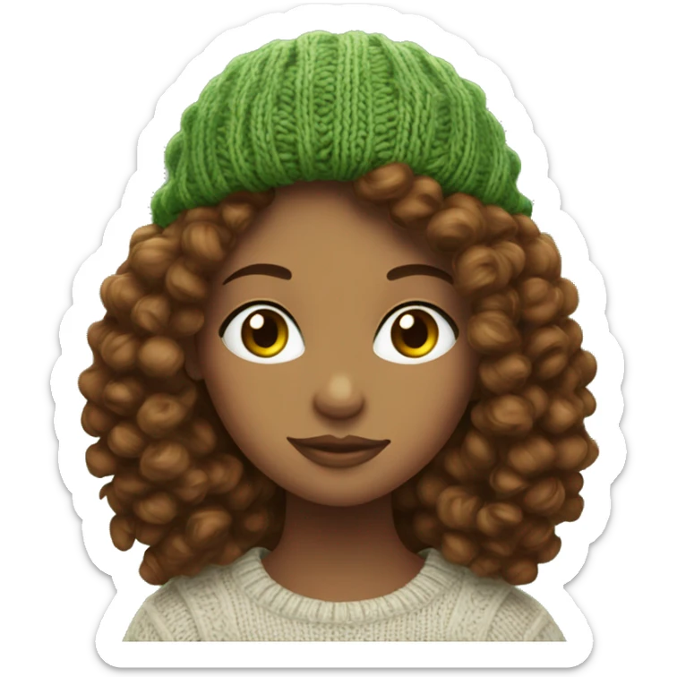 Green eyed Girl with brown curly hair knitting a beanie sticker