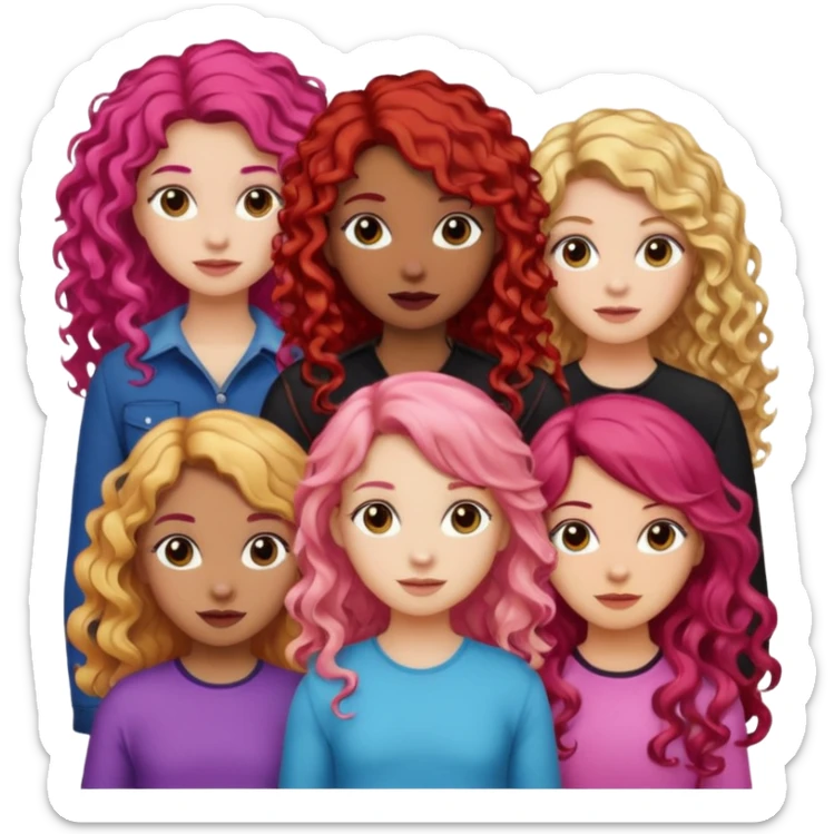 5 girlsone curly redhead, one with brunette dyed blonde hair, one long haired wavy brunette, one mid-length haired brunette, and one black haired girl with partially dyed bright red/pink hair sticker