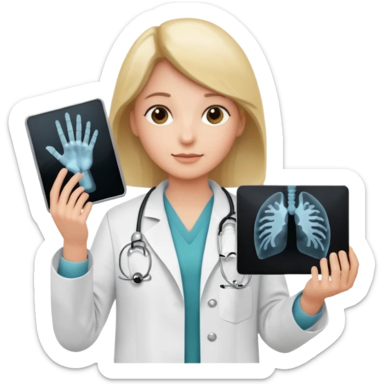 Radiografía de mano sostenida por un médico con bata  piel planta sticker
