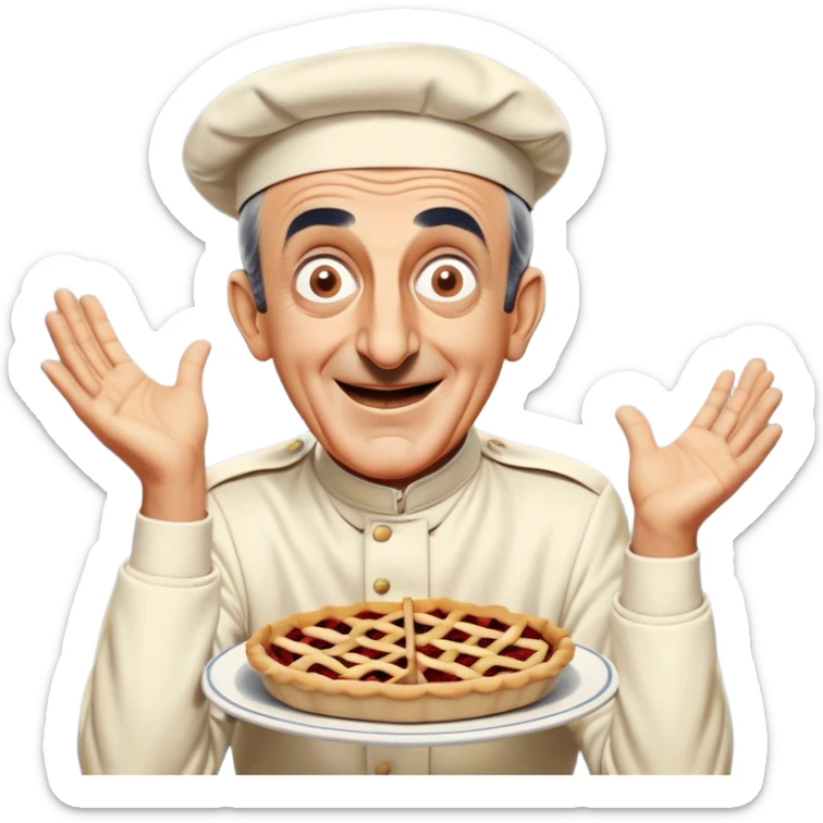 Icon for Comedy Movie: A vintage movie poster-style design with a humorous scene—Louis de Funès in his iconic comedic pose, exaggerated facial expression, and wide-open eyes. Include a slapstick element like falling over or interacting with a funny prop. Retro cinematic feel. Transparent background. sticker