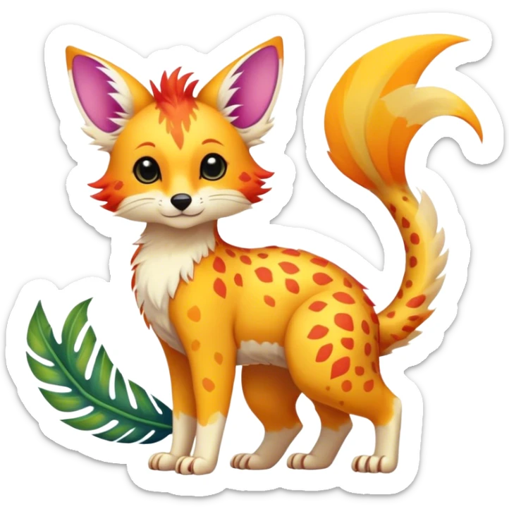 Feral Rare Fantasy vibrant colorful tropical cute, kawaii, cool, ed Vernid-Trico-species by LiLaiRa, random markings, tufted tail, tufted ears, full body, cheek markings sticker