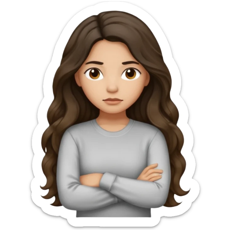 Hispanic light tan girl with long dark wavy hair slightly pouting and arms crossed. Wearing a long sleeve. Hair with middle part. sticker