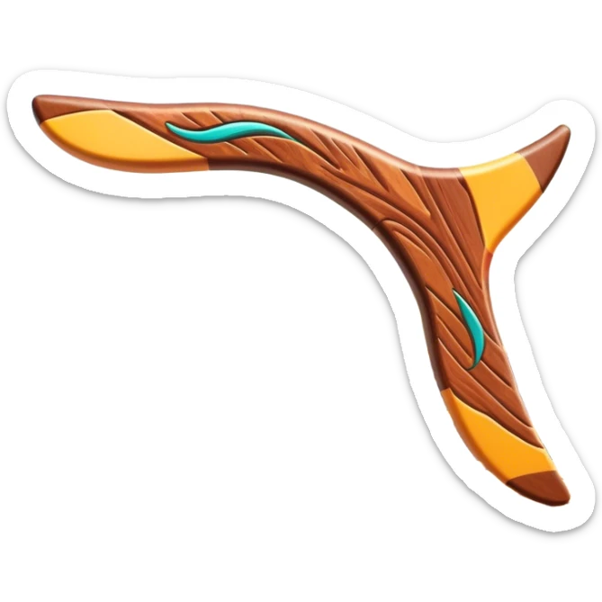 Cinematic Realistic image of a classic boomerang, rendered with detailed wood grain textures and vibrant colors, set against a sunlit outback landscape that emphasizes its iconic Australian heritage sticker