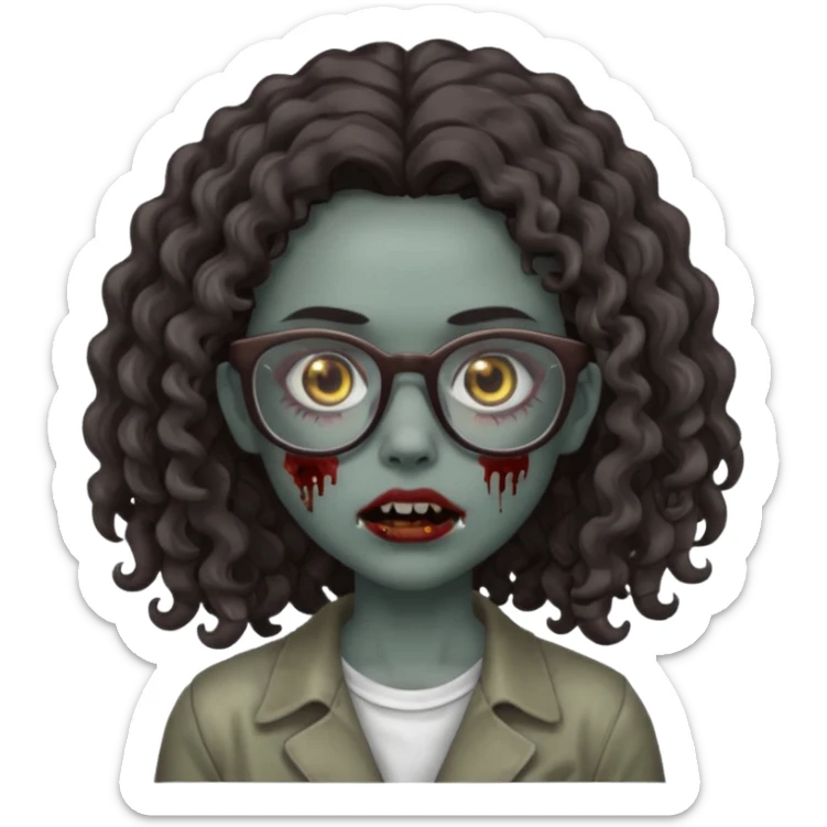 make a zombie girl with grey skin and long dark brown curly hair and glasses sticker
