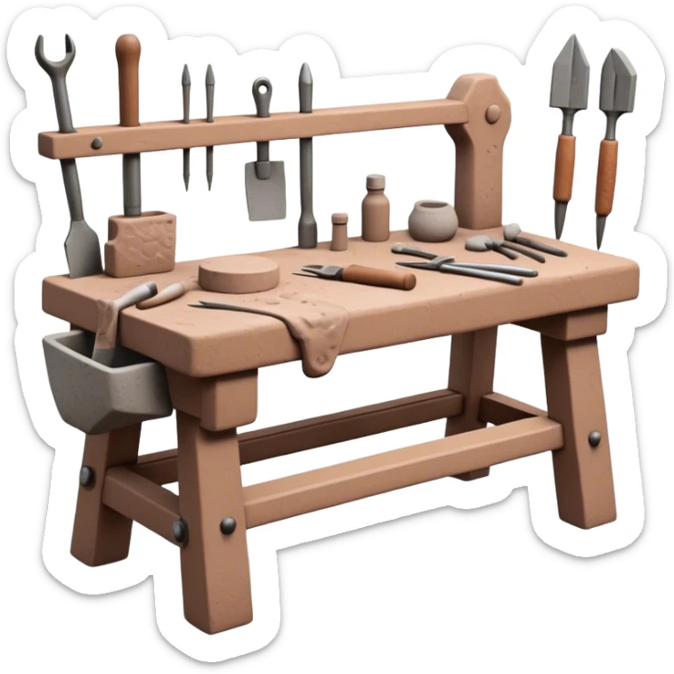 Cinematic Realistic image of a workbench set with a lump of pliable clay and artisanal sculpting tools, rendered with finely detailed textures that reveal subtle clay particles and well-worn tool surfaces, bathed in warm, focused studio lighting sticker