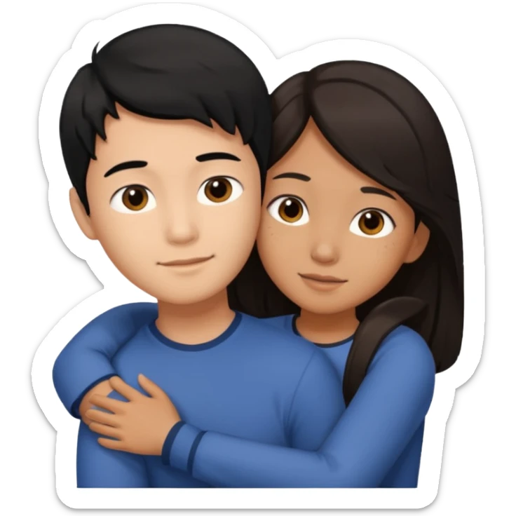 asian boy with black hair and brown long hair girl hugging sticker