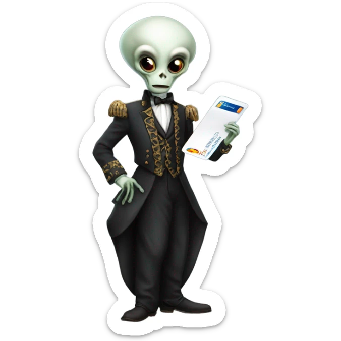 alien galora in Victorian dress elegant, full body, holding big credit card sticker