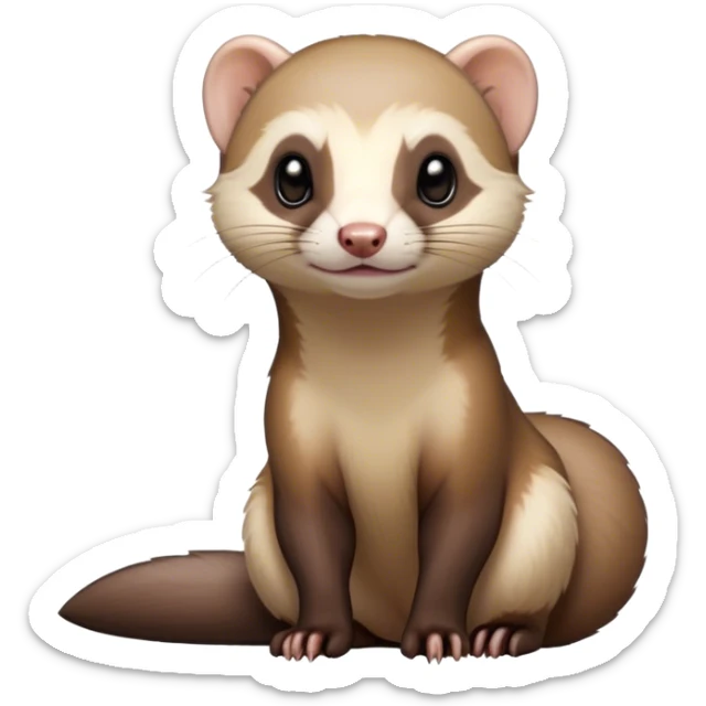 Cinematic Noble sable ferret Portrait Emoji, Poised and dignified, with a sleek, elongated body and a distinct sable ferret head featuring a pointed snout, small, rounded ears, and intelligent, beady eyes, covered in soft, sleek fur with natural brown and cream hues, Simplified yet sharp and sophisticated features, highly detailed, glowing with a warm, natural glow, high shine, exuding an air of quiet confidence, focused and watchful, soft glowing outline, capturing the essence of a clever and majestic sable ferret that feels as though it could leap from the screen with effortless grace! sticker