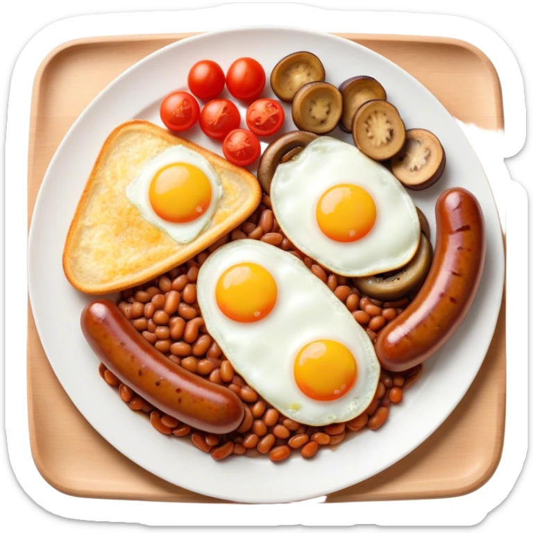 English Breakfast Cinematic Realistic English Breakfast Dish Emoji, depicted as a hearty plate featuring 2 sizzling sausages, a central serving of baked beans, 2 perfectly fried eggs, 2 sliced grilled tomatoes, 2 grilled mushrooms, and a triangle-shaped hash brown, rendered with vivid textures and warm, inviting lighting. sticker