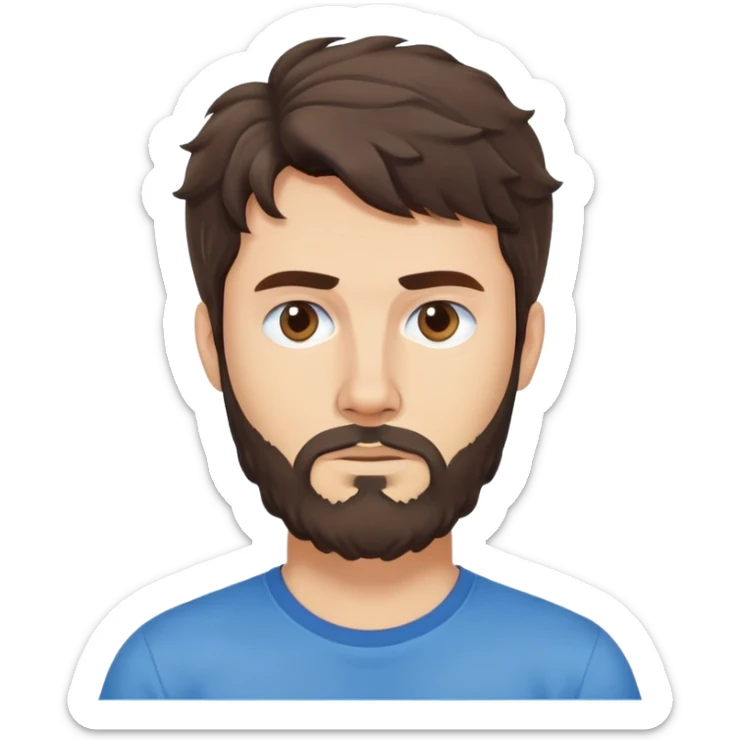 Caucasian Argentine man with wavy dark brown hair, longer loose hairstyle with wavy bangs, short full beard, serious-neutral expression, basic blue t-shirt sticker