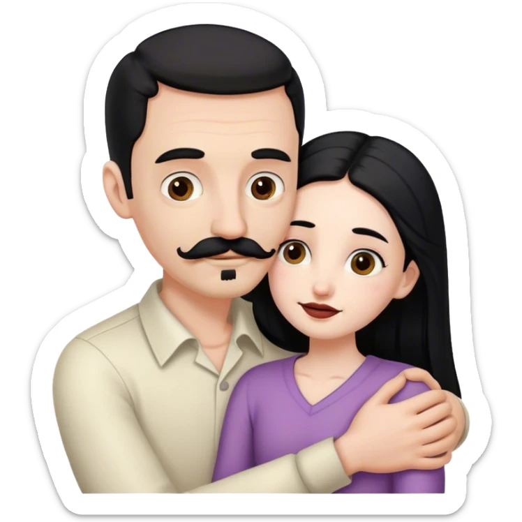 Couple, Tall pale man with brown mustache and goatee, hugging small pale woman long with black hair sticker