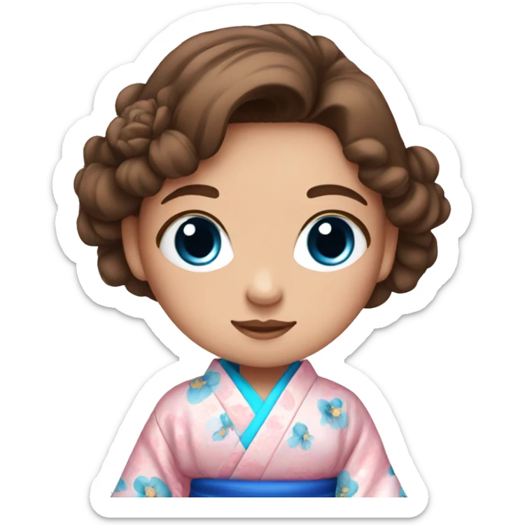 cute girl with blue eyes and brown hair in pink flower kimono sticker