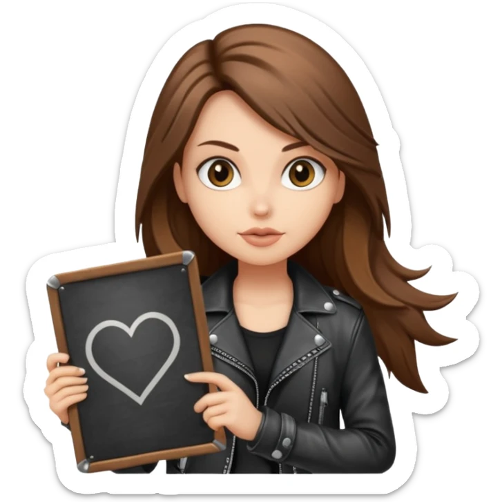 A fair skin rocker chick with long brown hair holding a large blank sign sticker