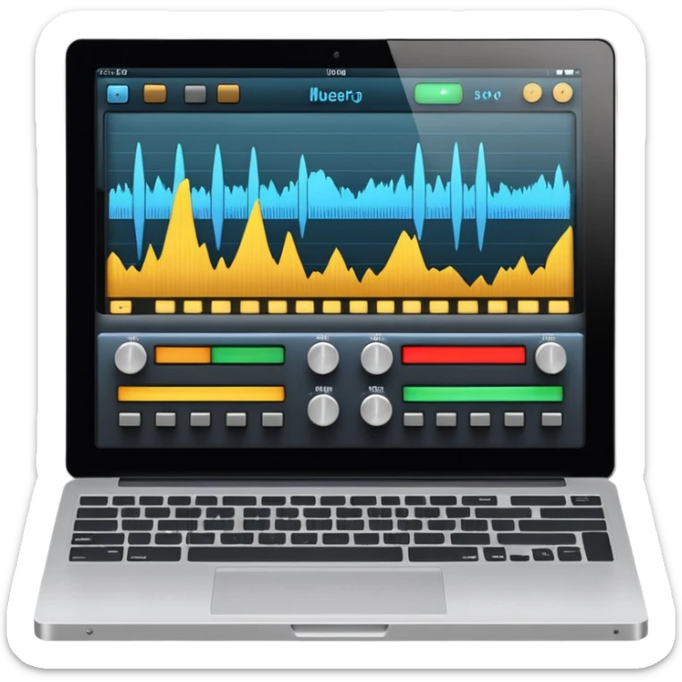 Close-up shot of a laptop screen clearly visible, showing a professional audio mixing interface focused on voice editing: audio level meters (VU meters) moving, voice waveform, volume faders, EQ panel, compressor, limiter, noise reduction, de-esser, gain controls sticker