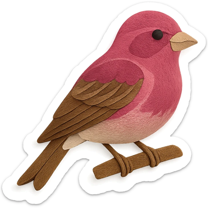 purple finch on a branch, layered paper details, vibrant raspberry and brown markings, naturalistic pose sticker