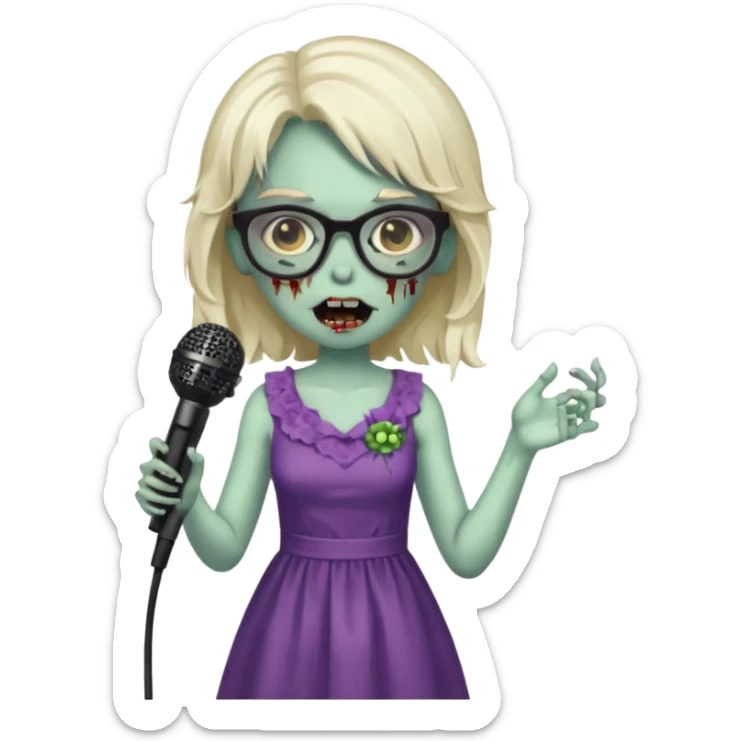 singer, Zombie girl, super happy, wearing dress, holding mic, glasses sticker