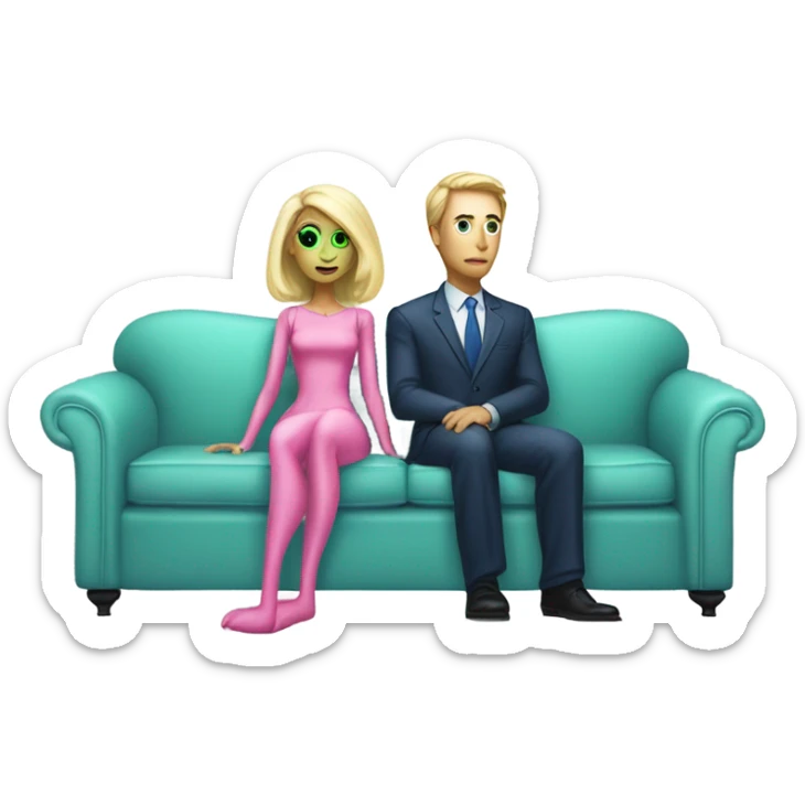 light green skin alien blonde woman in pink dress , and caucasian man in blue dress, sitting on a white couch  sticker