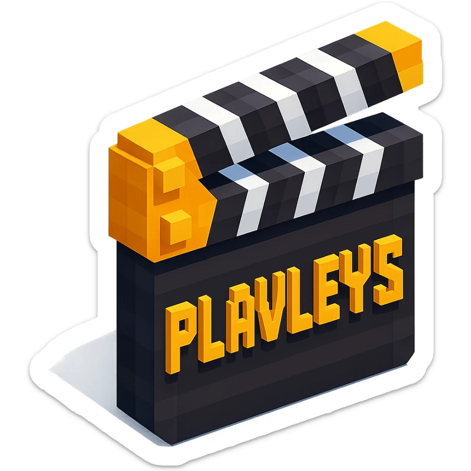 voxel style movie clapperboard with the text 'PLAVLEYS', gold lid, black and white stripes, isometric view sticker
