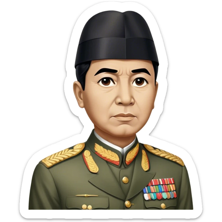 ​Cinematic Realistic Portrait of Sukarno, depicted in a lifelike, realistic style based on his iconic portrait, showcasing his thoughtful, charismatic expression in period attire, rendered with detailed textures and warm, evocative lighting that captures his pioneering spirit and national pride, sticker