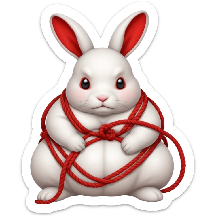 White realistic fat bunny with lots of thick red shibari ropes tightly wrapped around sticker