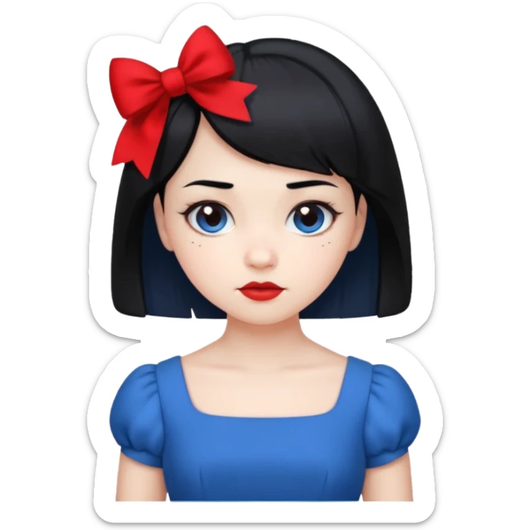 girl with white skin, short black hair, red bow, wearing a blue dress sticker