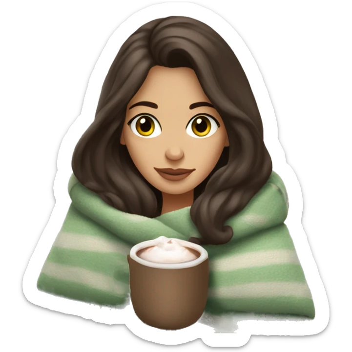 Brunette girl with grey-green eyes in cozy vibes in blanket with hot chocolate  sticker