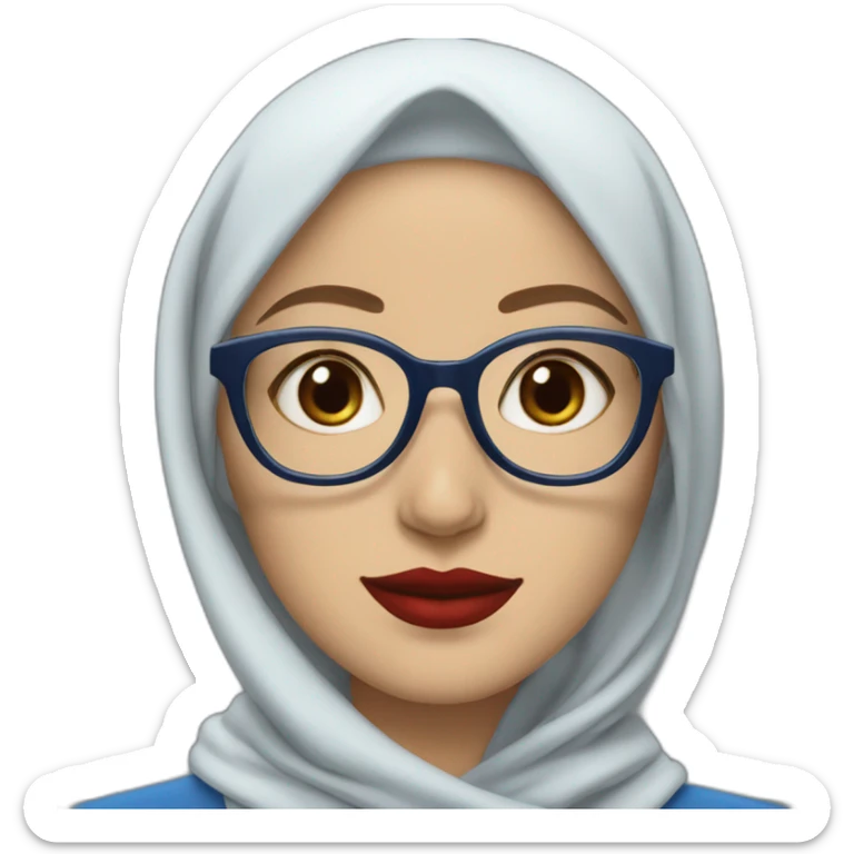 blue Hijabi white woman with glasses and brown eyes wearing a blue suit red lipstick sticker