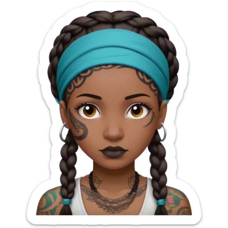 big lose braids starting from the top of the head woman face wiith big visible braids and mono color headband on head  face and braids as big as headband and lots and lots of face tattoos colored tattoos like a tattoo artist sticker