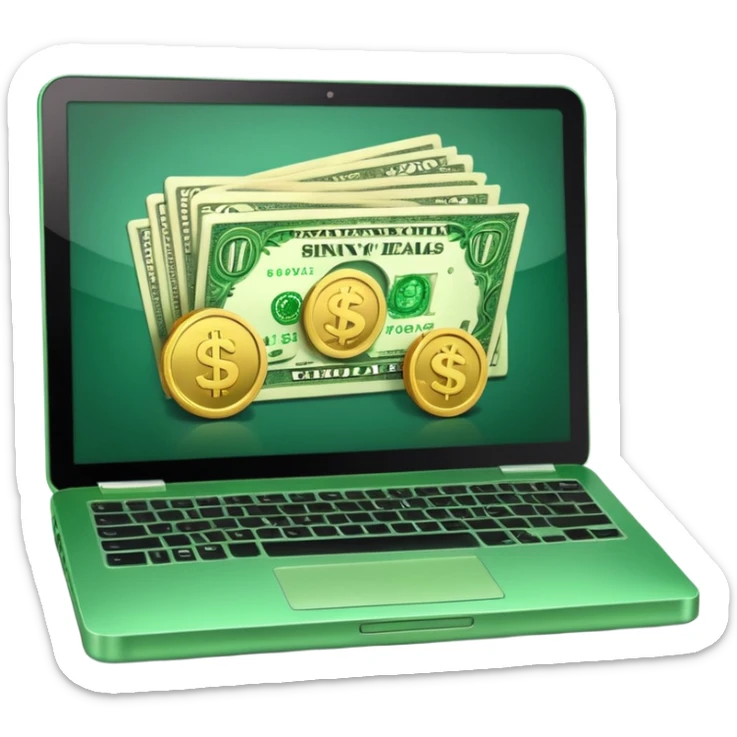 green laptop with black friday deals with coins and money tab open on it sticker