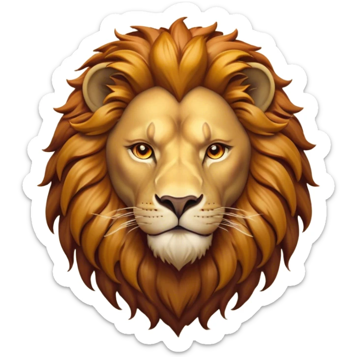 Cinematic Noble Lion Portrait Emoji, Poised and regal, with a powerful, muscular build and a majestic, tawny mane, deep-set soulful amber eyes, Simplified yet sharp and sophisticated features, highly detailed, glowing with a warm, dignified glow, high shine, intelligent and fierce, stylized with an air of wild majesty, focused and attentive, soft glowing outline, capturing the essence of a watchful and confident king, so majestic it feels as though it could roar out of the screen with effortless authority! sticker