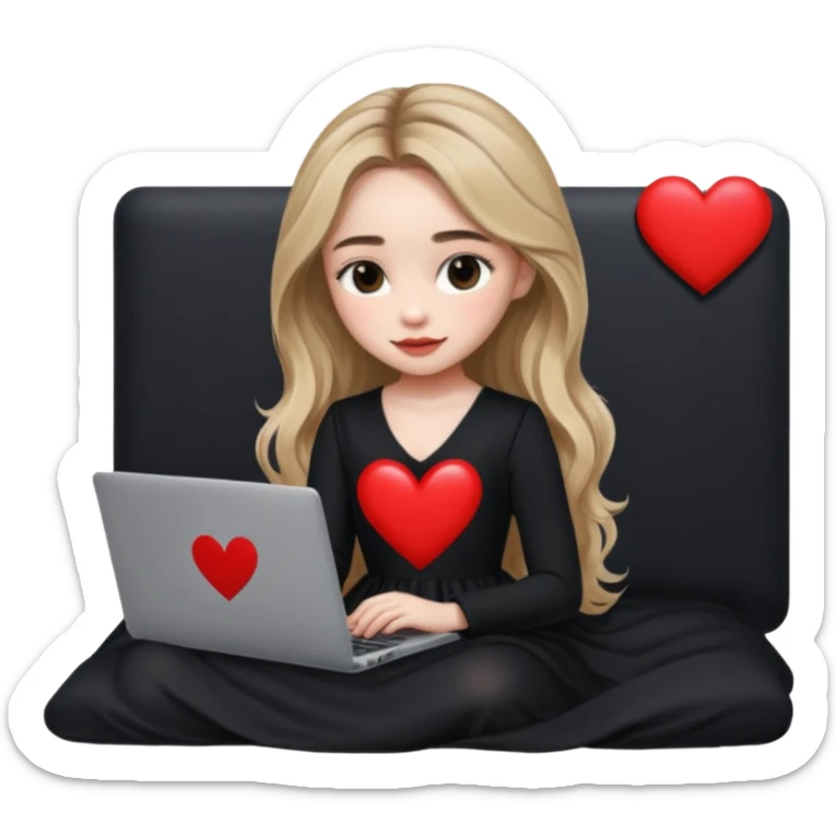 Sabrina carpenter in a black nightdress sitting on a bed with her laptop open and there is a heart on her laptop  sticker
