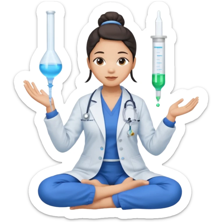 emoji of an asian woman with a single bun in a blue lab coat sitting cross legged with dna levitating above one hand and a micropipette above the other hand sticker