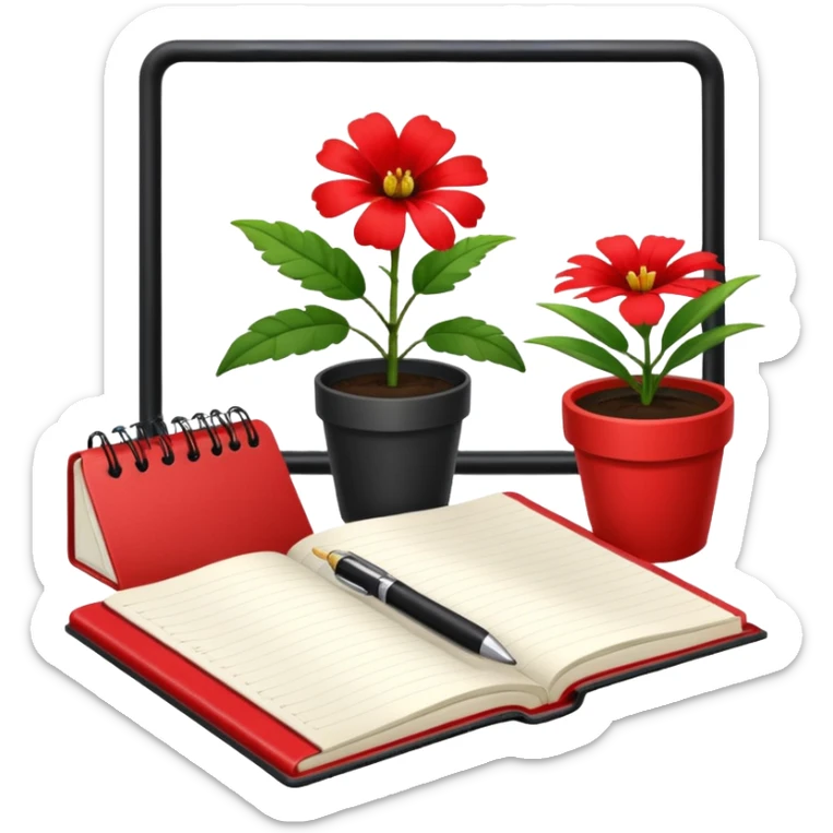 F U E R A    DE    O F I C I N A y detrás un escritorio moderno, con una notebook, una agenda y una planta con una flor sticker